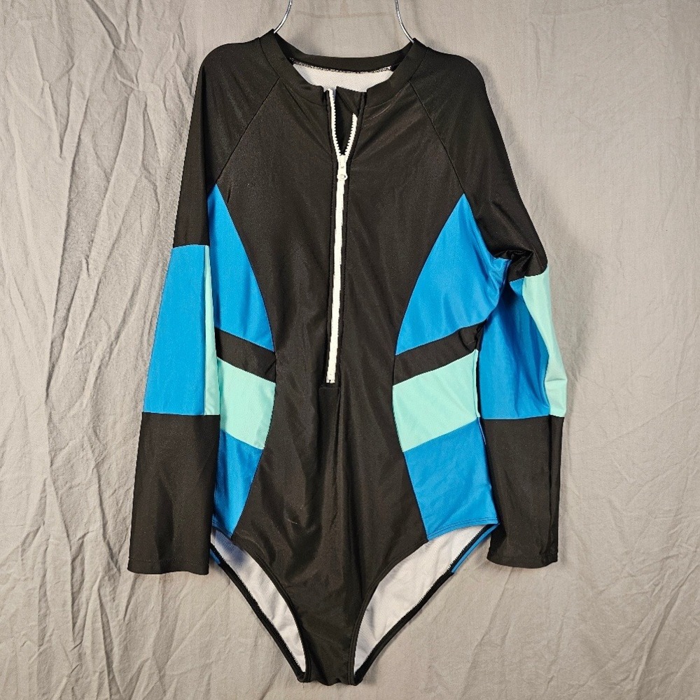 Colorblock Long Sleeve One Piece Swimsuit Half Zip Rash Guard Black Blue XL